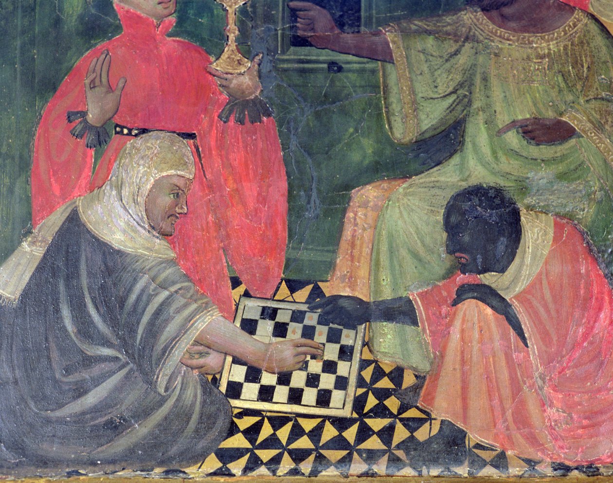 En maur og en kristen som spiller sjakk, fra altertavlen til SS Nicholas, Claire og Anthony Abbot (tempera på panel) av Master of Castellitx