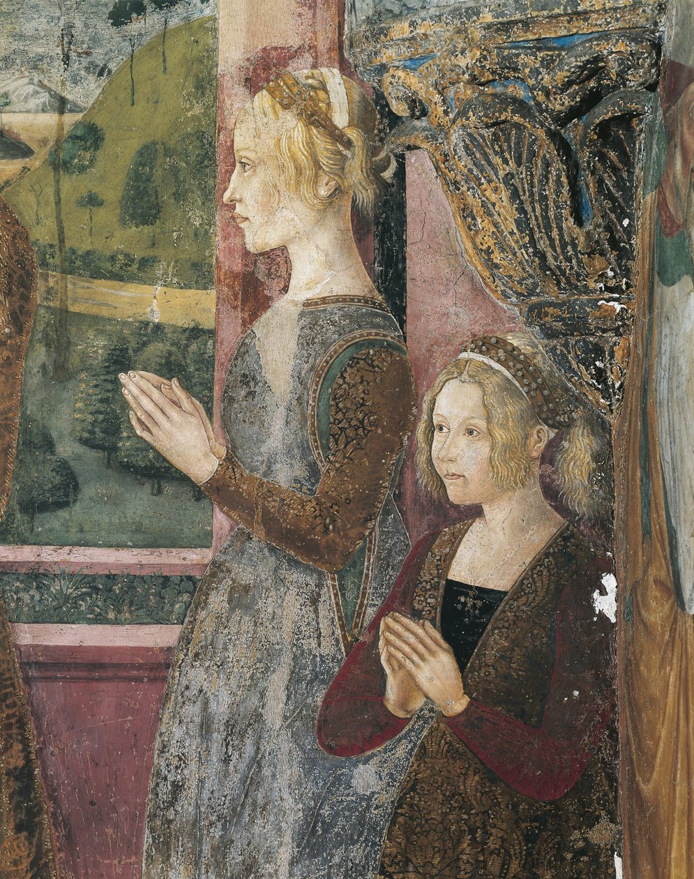 Italia, Piemonte-regionen, Alessandria-provinsen, Serralunga di Crea, Sacro Monte di Crea, Sanctuary of Santa Maria Assunta, Kapellet til St. Margareta av Antiokia, Fresco som viser Paleologo og Bernarda di Bosse av Master of Crea