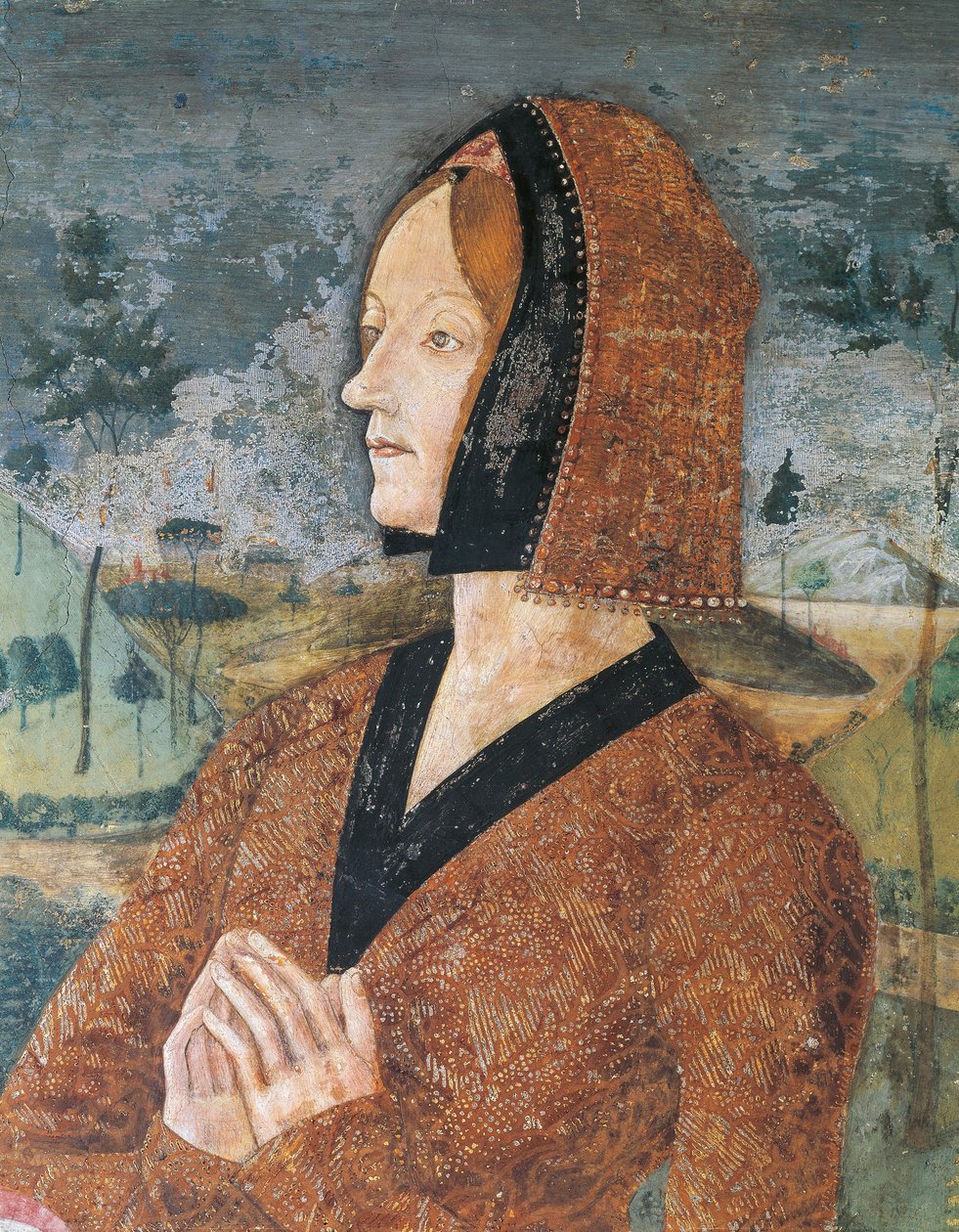 Italia, Piemonte-regionen, Alessandria-provinsen, Serralunga di Crea, Sacro Monte di Crea, Sanctuary of Santa Maria Assunta, Kapellet til St Margaret av Antiokia Portrett av kvinne av Master of Crea