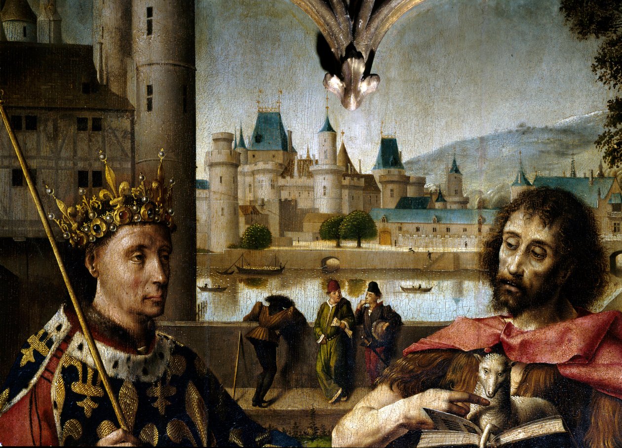 Korsfestelse Kristus på korset omgitt av døperen Johannes, Denis, Karl I den store (Karl den Store), Ludvig IX (Saint Louis), Sainte Madeleine, Sainte Marthe - Detalj som representerer Saint Louis og døperen Johannes - Altertavle av P av Master of Dreux Bude (active c.1425 d.1450)
