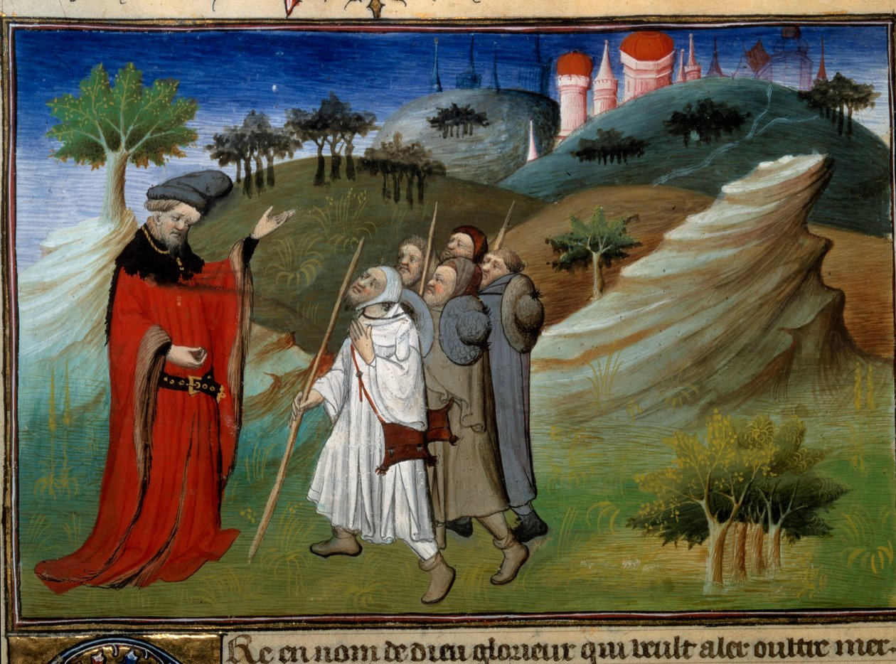 Des pelerins sur la route de la terre sainte Miniatyr i "" Voyages"" skrevet av John (Jehan de Mandeville) (1300? - 1372), belyst av Mesteren av Egerton, ca. 1410-1412, fra manuskriptsamlingen (Ms 2810) , Folio 142v.) "" Book of Wonders og av Master of Egerton