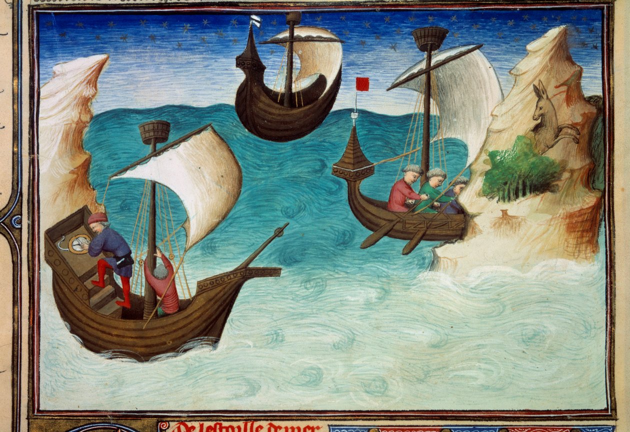Navigatører i Det indiske hav orientert med stjerner og astrolabium. Miniatyr i "" The Book of Wonders of the World"", Ms. 2810, folio 188v belyst av Mesteren av Egerton, skrevet John (Jehan) de Mandeville (1300? 1382). Rundt 1410-1412. BN, Paris av Master of Egerton