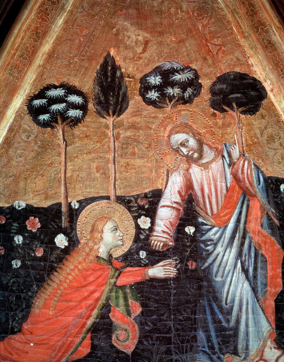 Noli me tangere (Ne me pas touche) Detail du triptych de saint Vincent de Estopinan del castillo (Triptych of St Vincent of Estopinan del castillo) Painting du maitre de Estopanya (Maleri av mesteren av Estopinan) 1350-1370 Barcelona, ​​​​Museu National d  av Master of Estopiñán