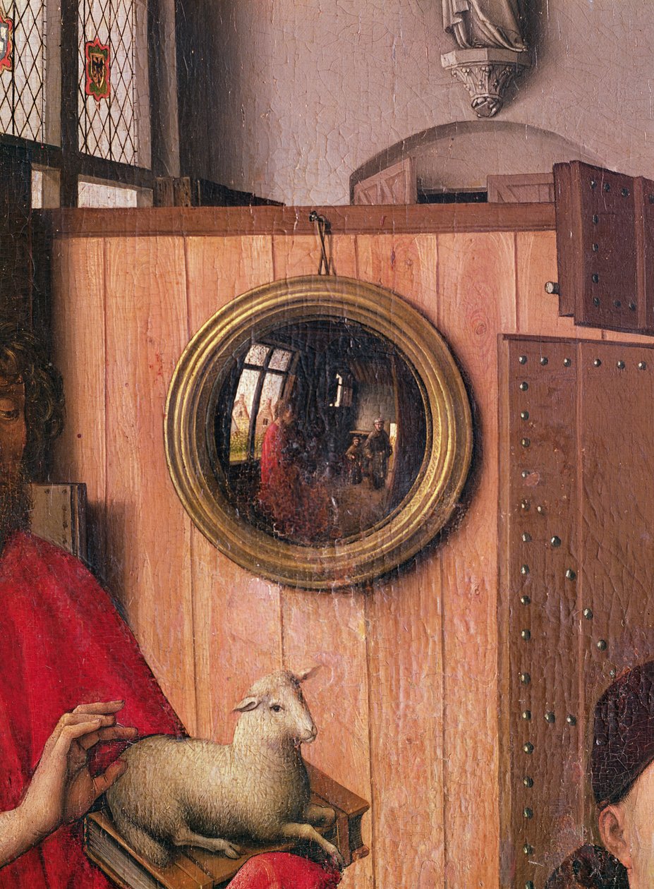 St. Johannes døperen og giveren, Heinrich Von Werl, fra Werl-altertavlen, detalj av speilet, ca. 1438 (se også 36923) av Master of Flémalle