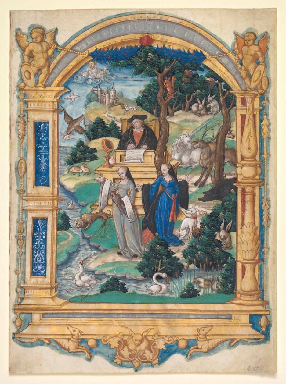 Frontispice miniatyr fra manuskriptet til et dikt av Guillaume Crétin: Debatt Between Two Women av Master of Francis I