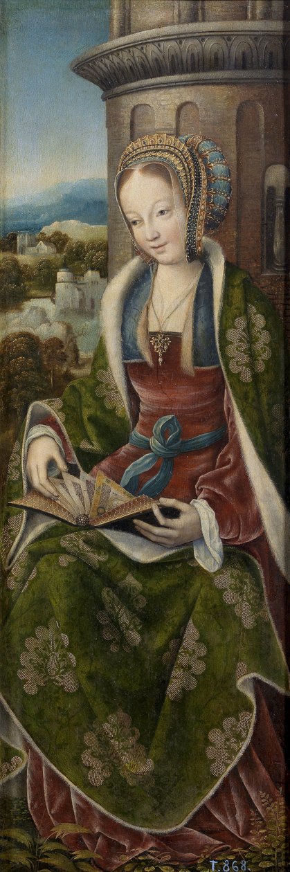Barbe la grande martyre - Triptych of the Holy Family with Music Making Angels. Høyre panel: Saint Barbara par Master of Frankfurt (1460-ca. 1533), ca 1510-1520 - Olje på tre, 79x27 - Museo del Prado, Madrid av Master of Frankfurt