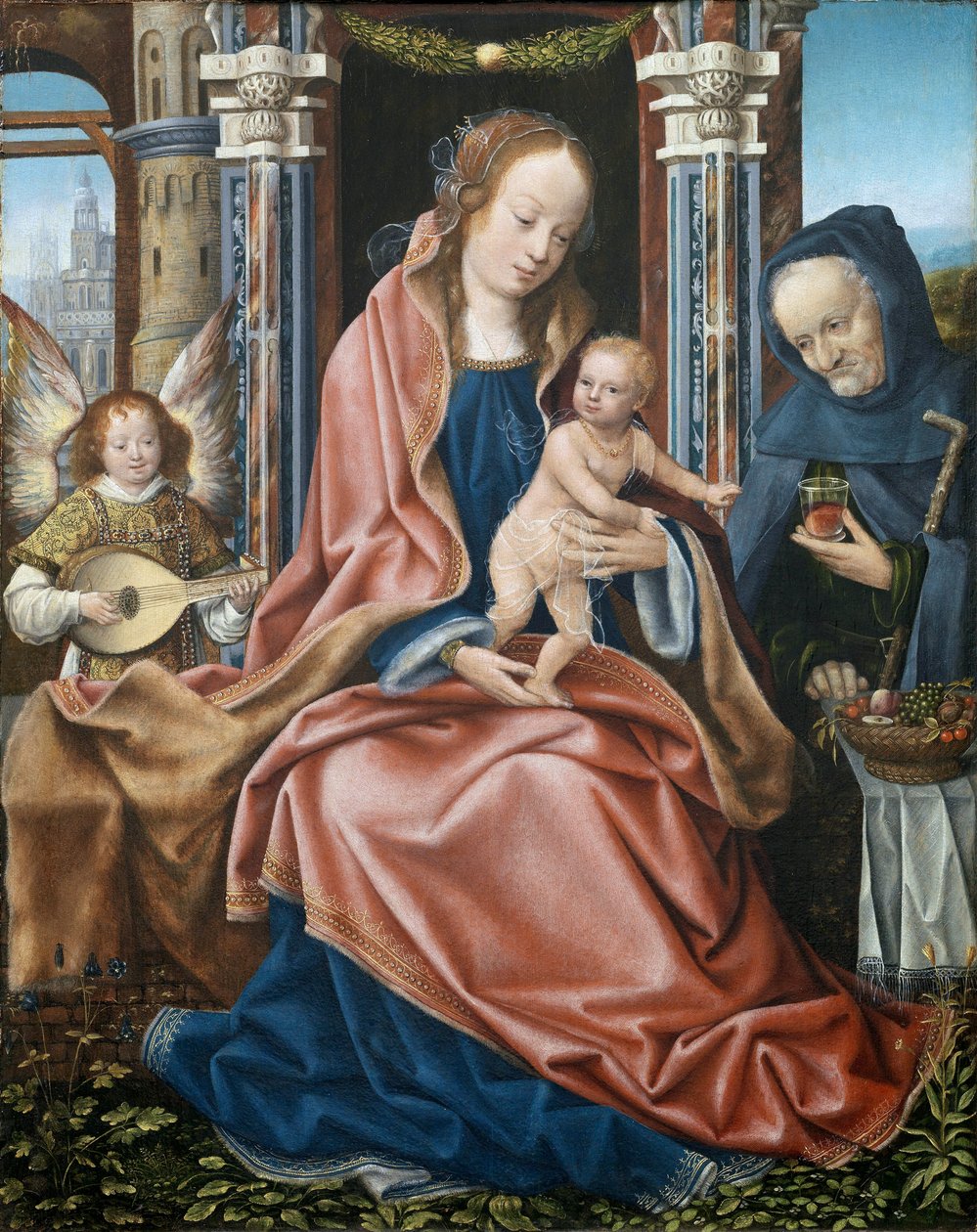 La sainte famille - Triptych of the Holy Family with Music Making Angels - Panneau central, peinture du maitre de Frankfurt (vers 1460-1533), ca 1510-1520 - Olje på tre, 78x60 - Museo del Prado, Madrid av Master of Frankfurt