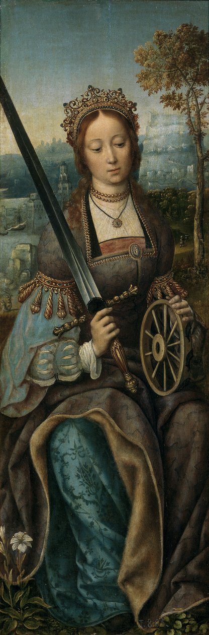 Triptych of the Holy Family with Music Making Angels. Venstre panel: Saint Catherine, ca 1510-1520 av Master of Frankfurt