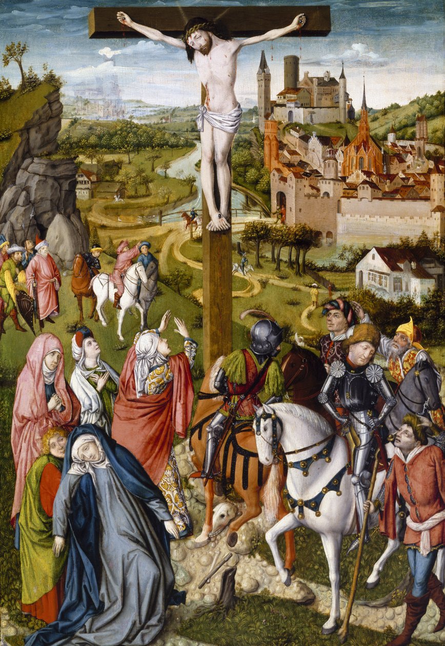 The Crucifixion, ca. 1465-70 (tempera og olje på tre) av Master of Georg Muehlichs Meisterlin Chronicle attr. to Master of Georg Muehlichs Meisterlin Chronicle attr. to