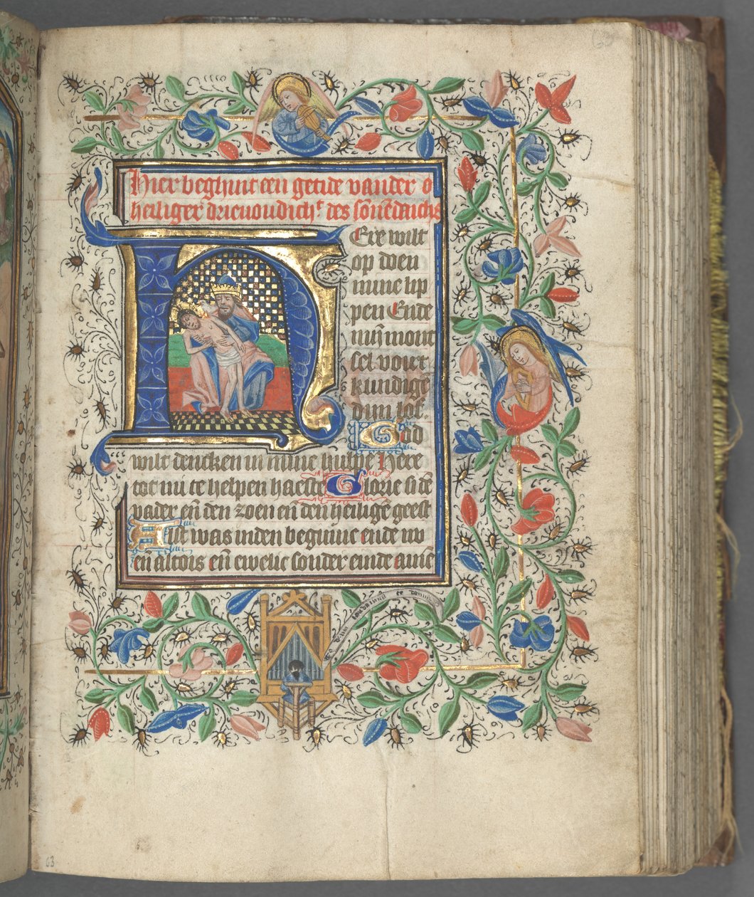 Timebok Bruk av Utrecht: fol. 63r, Initial med hellig treenighet, ca. 1460-1465. av Master of Gijsbrecht van Brederode