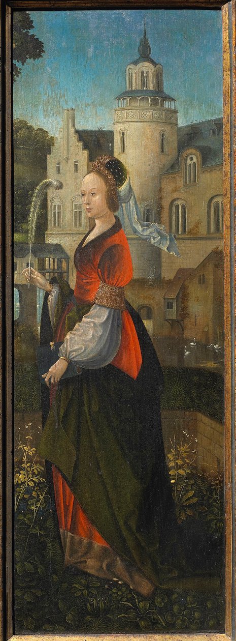 Den hellige Barbara. Hellig familie med engler og hellige Catherine og Barbara Triptych, 1500-tallet. av Master of Hoogstraeten