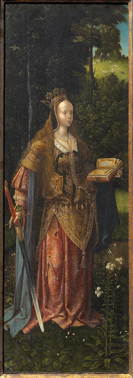 Saint Catherine. Hellig familie med engler og hellige Katarina og Barbara Triptych, 1500-tallet. av Master of Hoogstraeten