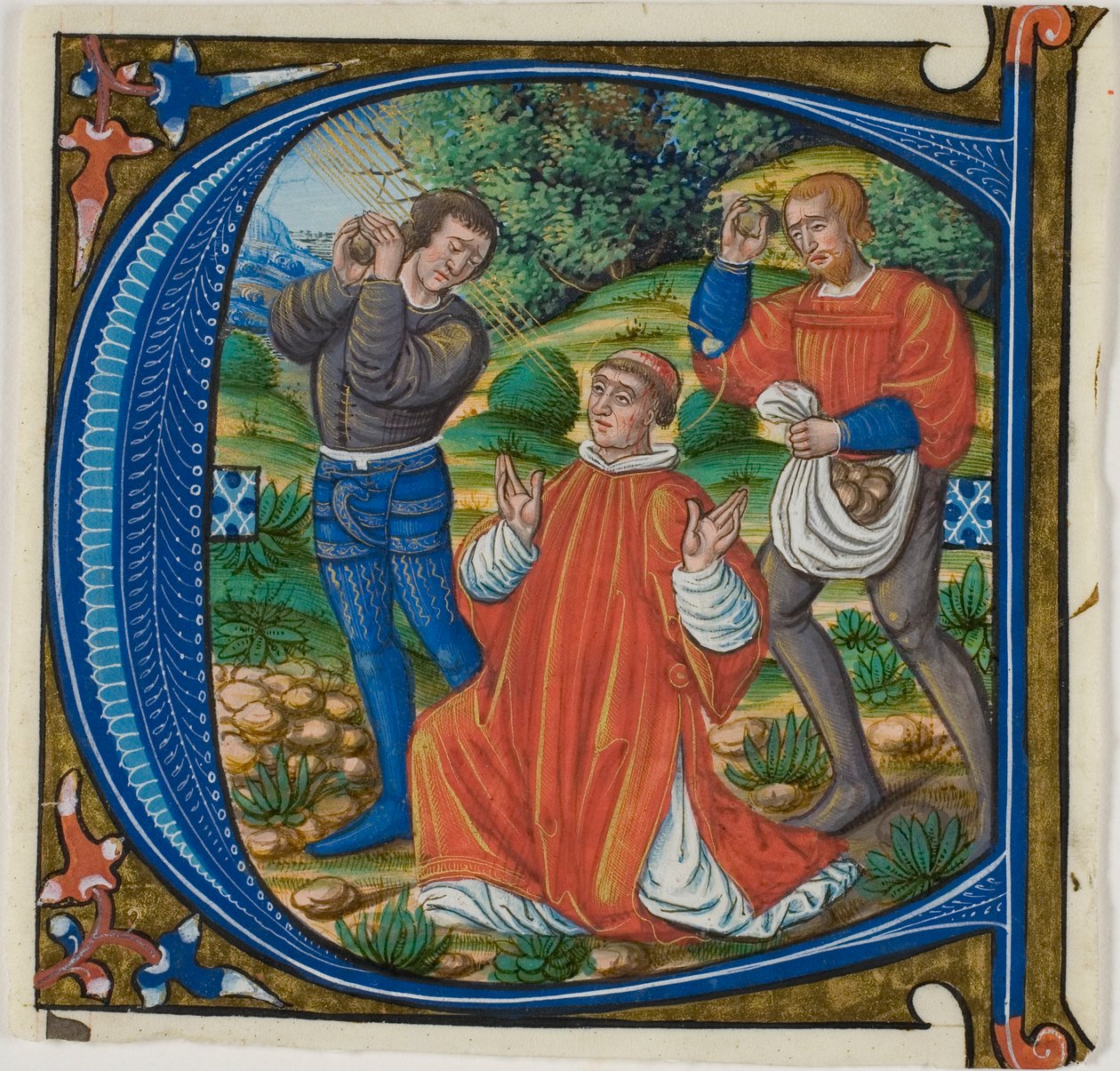 Steiningen av Saint Stephen i en historisk initial "A" eller "C" fra en Gradual av Master of Jacques de Besançon