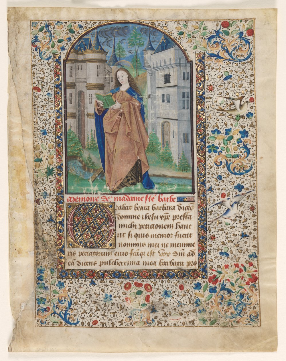 Blad fra en timebok: St. Barbara (2 av 2 utskårne blader) av Master of Jacques de Luxembourg