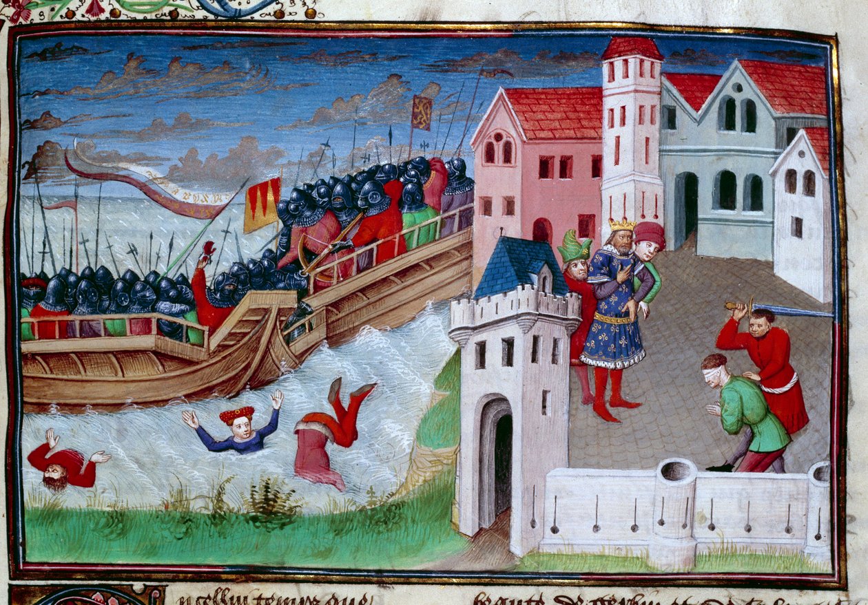 Kampscene og halshugging. Illustrasjon av romanen "The Decameron"" av Giovanni Boccaccio (Jean Boccace av Master of Jean Mansel