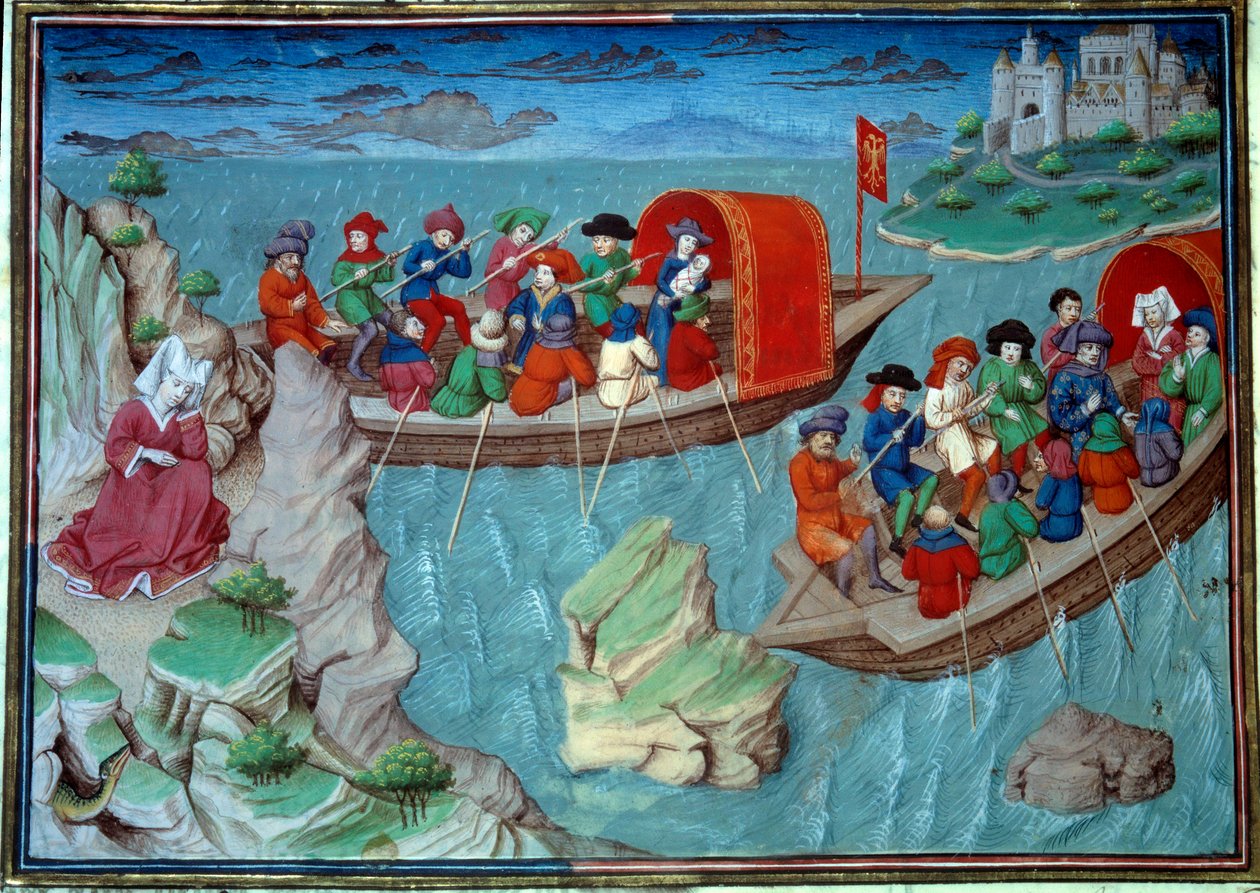 Frederic II (1194-1250) fra Det hellige rike forlot Sicilia med sin miniatyrsuite hentet fra et manuskript på fransk fra "Decameron"" av Giovanni Boccaccio dit Jean Boccaccio (1313-1375), italiensk forfatter, belyst av Mesteren av Mansel. 1450. Par av Master of Jean Mansel