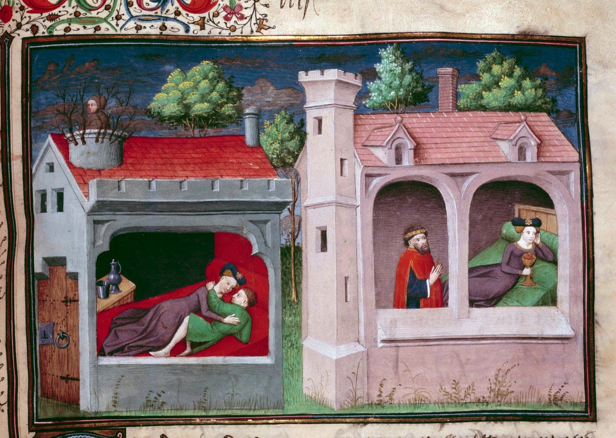 Galant scene: to par snakker. Side av et manuskript på fransk av "Decameron"" av Giovanni Boccaccio dit Jean Boccace (1313-1375), italiensk forfatter, belyst av Mesteren av Mansel. 1450. Paris, Arsenals bibliotek av Master of Jean Mansel