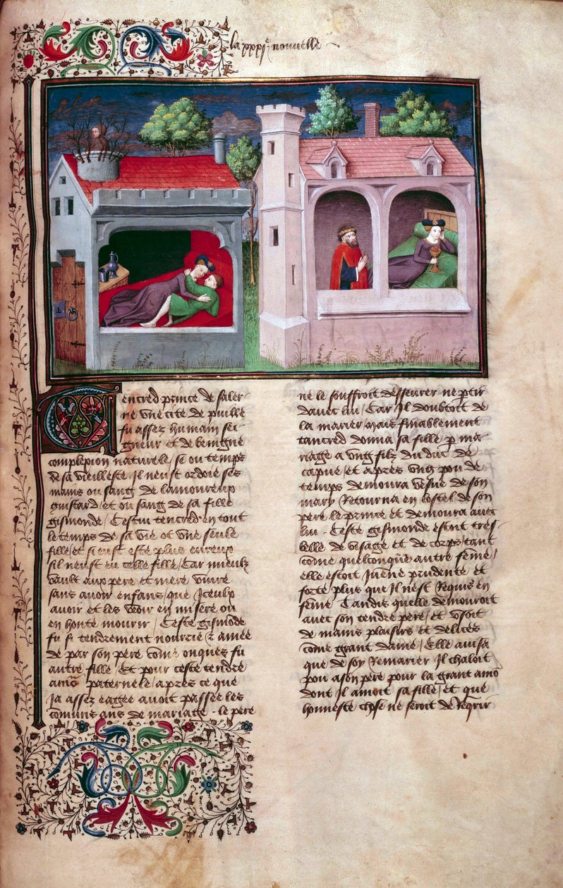 Galant scene: to par snakker. Side av et manuskript på fransk av "Decameron"" av Giovanni Boccaccio dit Jean Boccace (1313-1375), italiensk forfatter, belyst av Mesteren av Mansel. 1450. Paris, Arsenals bibliotek av Master of Jean Mansel