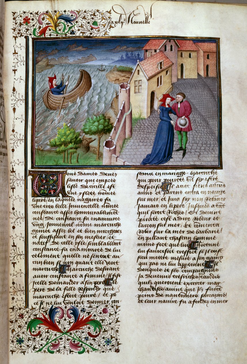 Avgangssiden hentet fra et manuskript på fransk fra "Decameron"" av Giovanni Boccaccio dit Jean Boccaccio (1313-1375), italiensk forfatter, belyst av Mesteren av Mansel. 1450. Paris, Arsenals bibliotek av Master of Jean Mansel
