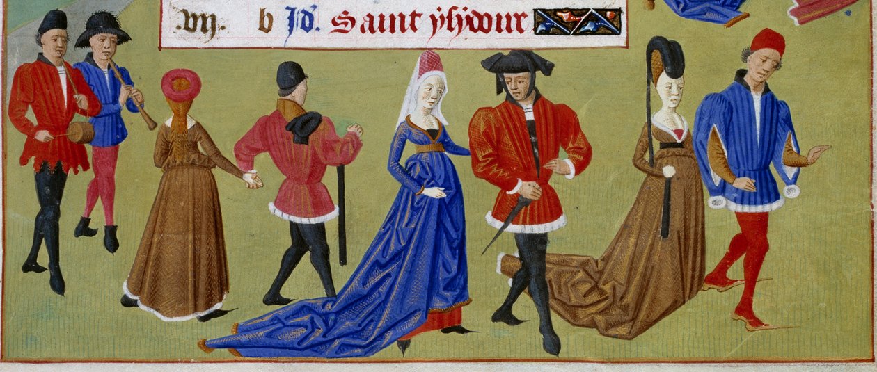 mai: hoffmennene går. Detalj av en opplyst manuskriptside hentet fra "" Time Book of the Duchess of Burgundy, Adelaide of Savoy" av Mesteren av Adelaide av Savoy (1400-tallet) og Mesteren til Jean Rolin (1400-tallet) av Master of Jean Rolin II