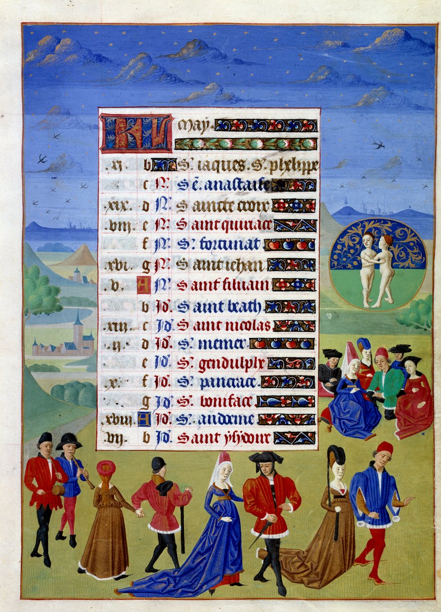 mai: hoffmennene går. Opplyst manuskriptside hentet fra "" Timeboken til hertuginnen av Burgund, Adelaide av Savoy" av Mesteren av Adelaide av Savoy (1400-tallet) og Mesteren til Jean Rolin (1400-tallet) av Master of Jean Rolin II