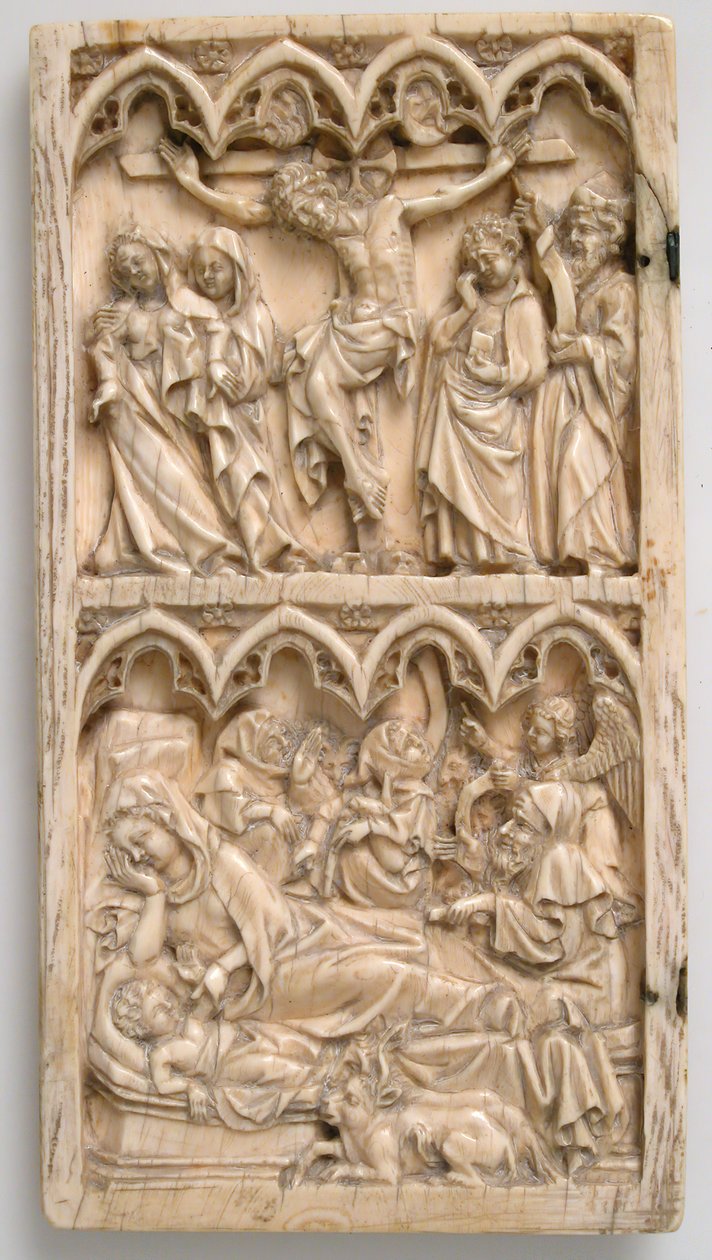 Blad fra en diptyk med korsfestelsen og fødselen, tysk, ca. 1375-1400. av Master of Kremsmunster