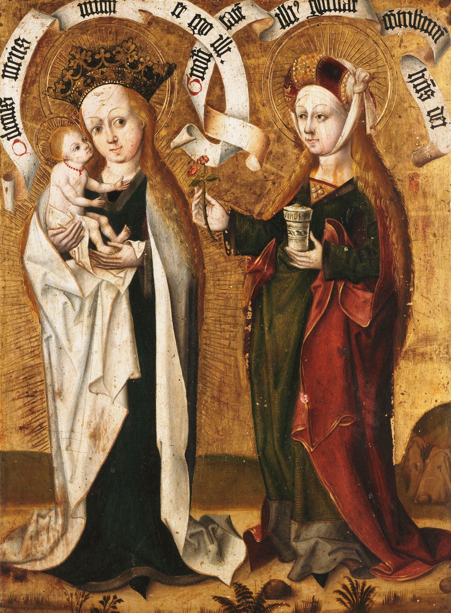 Jomfruen og barnet med den hellige Maria Magdalen som tilbyr barnet en rose av Master of Liesborn