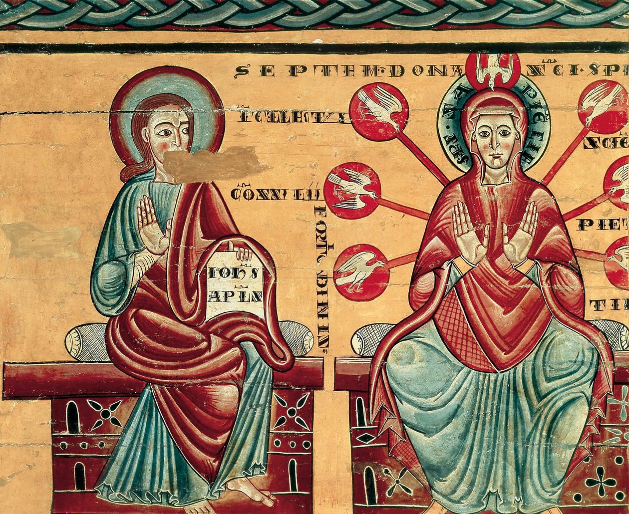 Maria mottar Den Hellige Ånds gaver, detalj (tempera på tre) av Master of Lluca