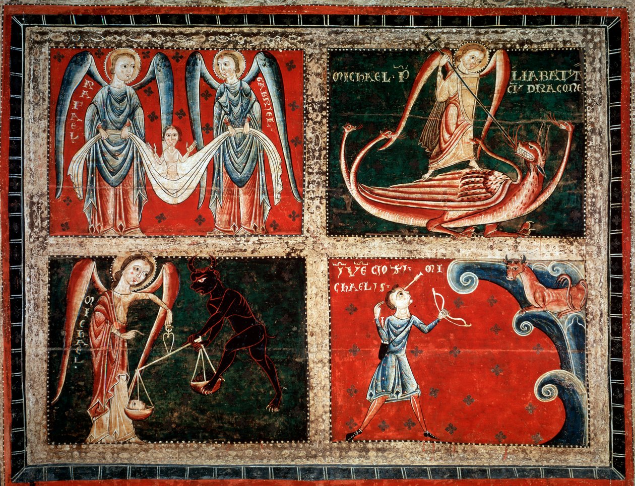 Erkeenglene Raphael, Michel og Gabriel (Erkeenglene Michael, Gabriel og Raphael) Maleri av mesteren av Llussa (maleri av mesteren av Llussa) 1220-1250 Fra klosteret Santa Maria de Lluca, Spania Barcelona Museu Nacional d