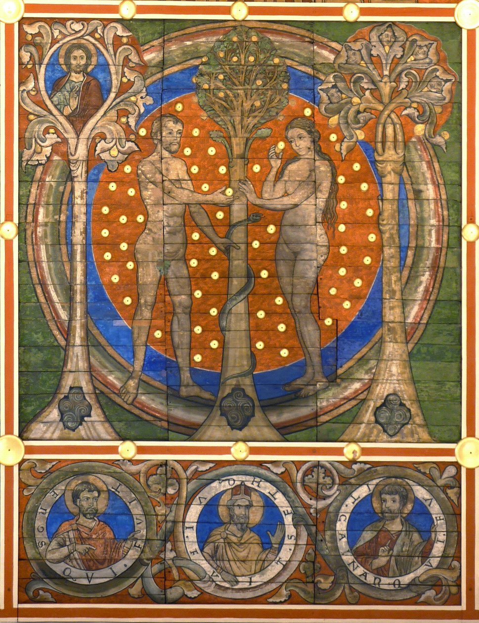 dam og Eva. Detalj av det malte tretaket til St. Michaels Church, Hildesheim, ca 1230 av Master of Lower Saxony