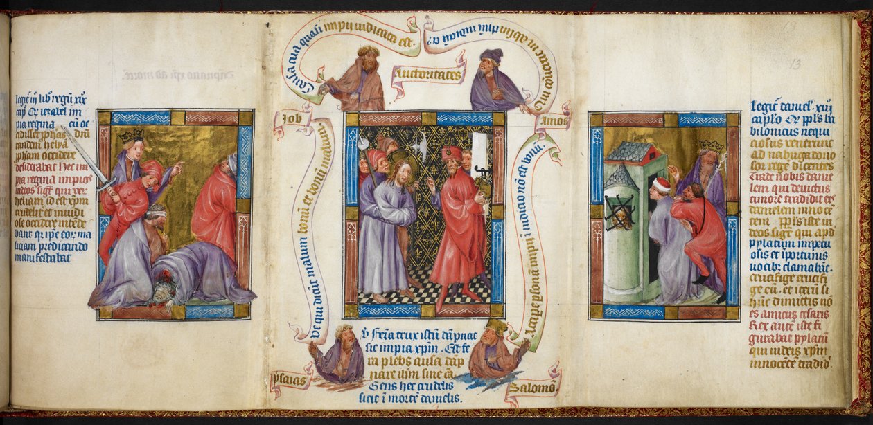 Tre scener som viser 'The Killing of the Prophets', 'Kristus før Pilatus' og 'Daniel's Prisonment', illustrasjon fra 'Biblia Pauperum' av Master of Margaret of Cleves