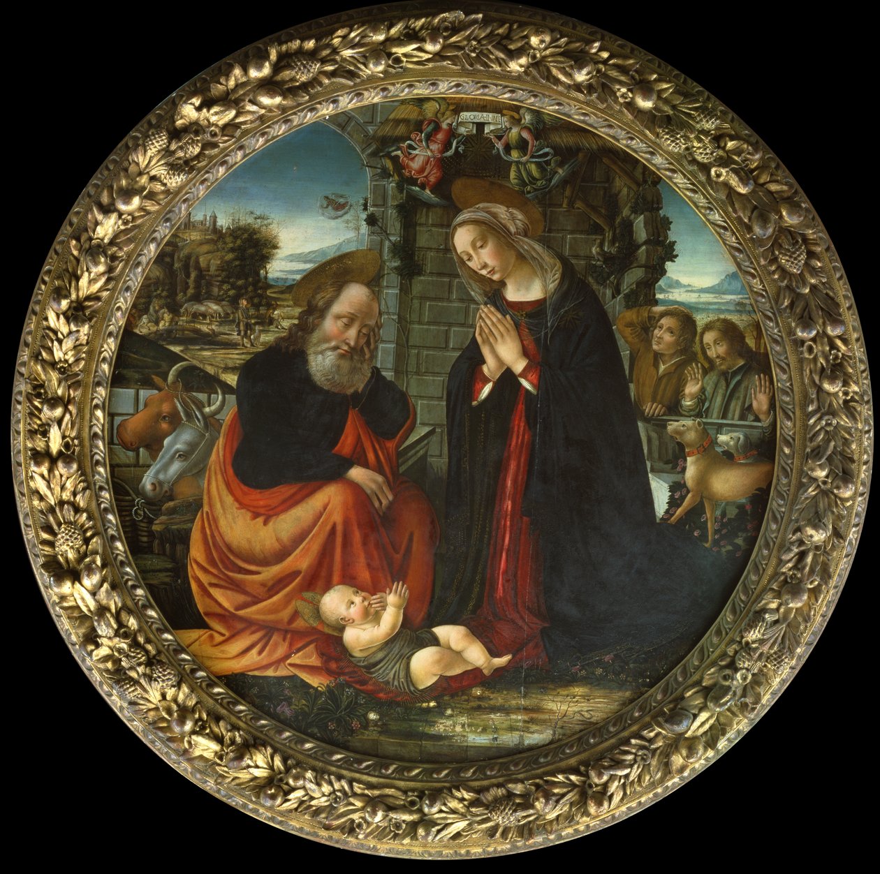 Fødselen, med Maria og Josef på vei til Betlehem, kunngjøringen til hyrdene og hyrdenes ankomst (olje på panel) av Master of Marradi
