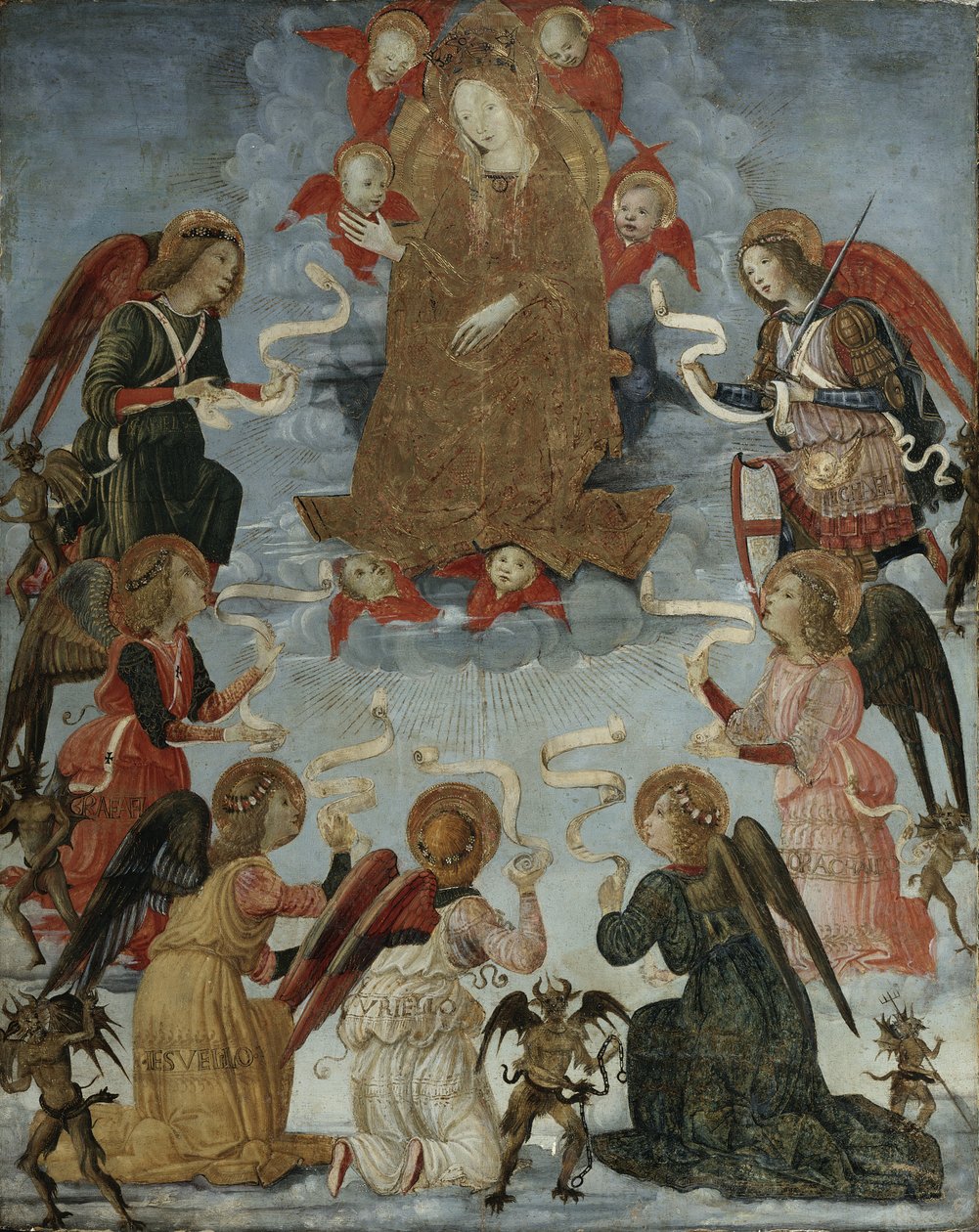 Virgin in Glory omgitt av syv erkeengler, ca. 1490-1500 av Master of Marradi