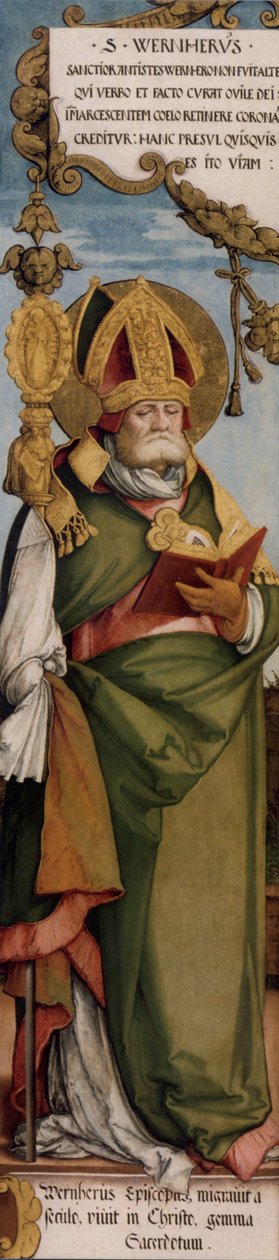 Utenfor venstre roterende fløy på det tidligere høyalteret til St. Martins kirke, St. Werner, biskop av Merseburg; Maastricht, Bonnefanten Museum, inventarnr. N.K. 1633 av Master of Messkirch