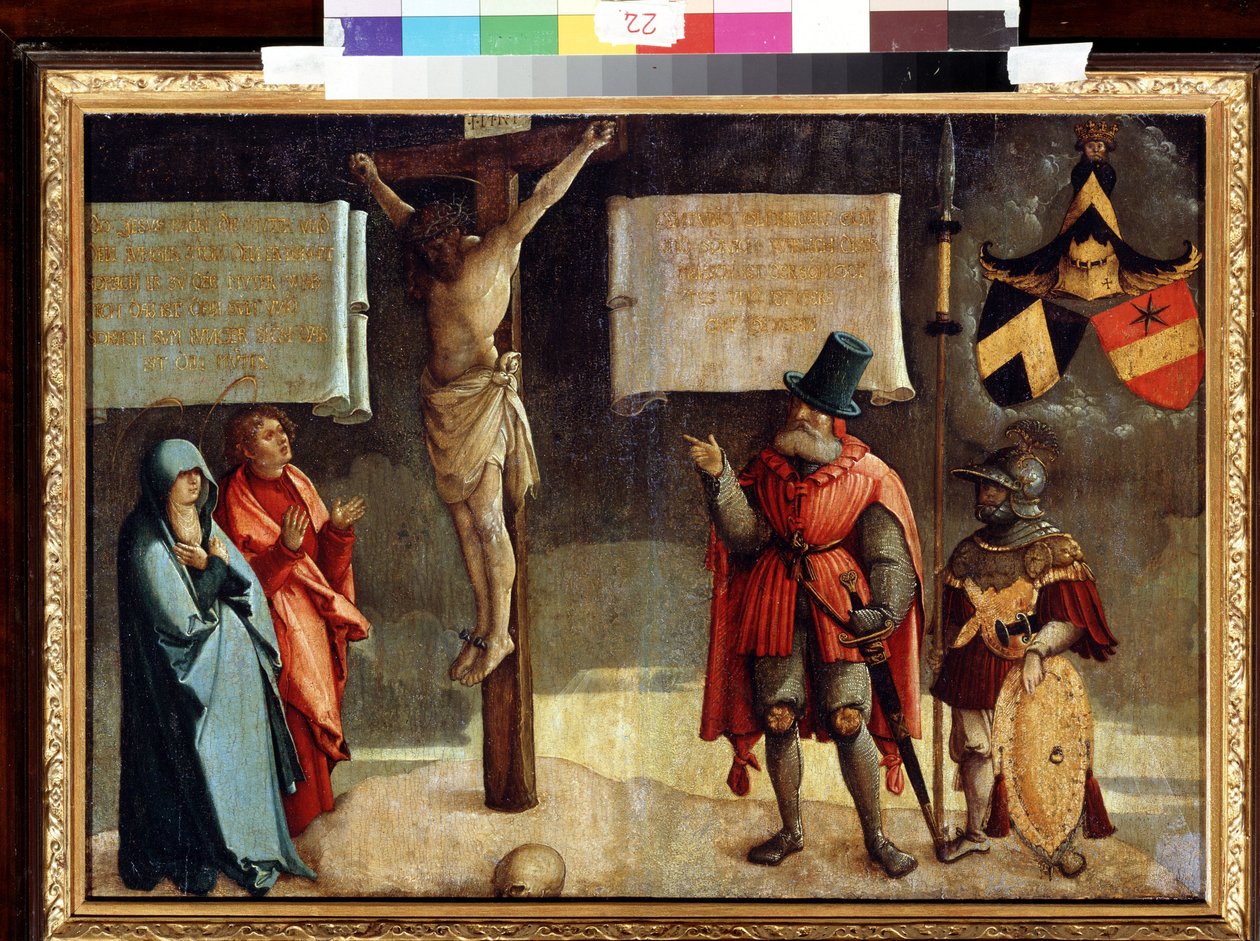 Korsfestelse med givere. Korsfestelse med givere. Maleri av mesteren av Messkirch (ca. 1500-1543). Olje på tre. Tysk renessansekunst. Museum of Fine Arts, Pushkin, Moskva av Master of Messkirch