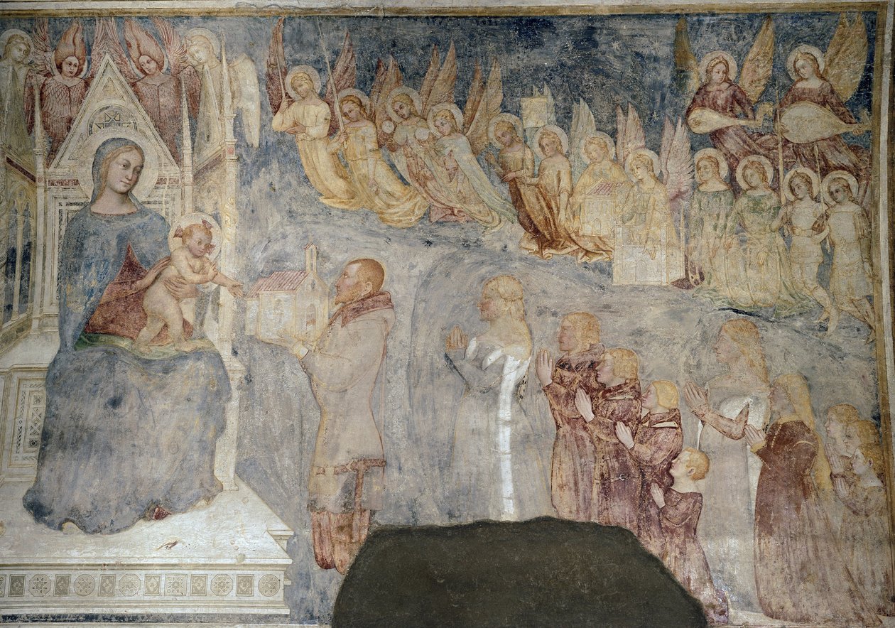 Vår Frue og barnet med donor, detalj (cirka 1377, freskomaleri plassert på lerret) av Master of Mocchirolo