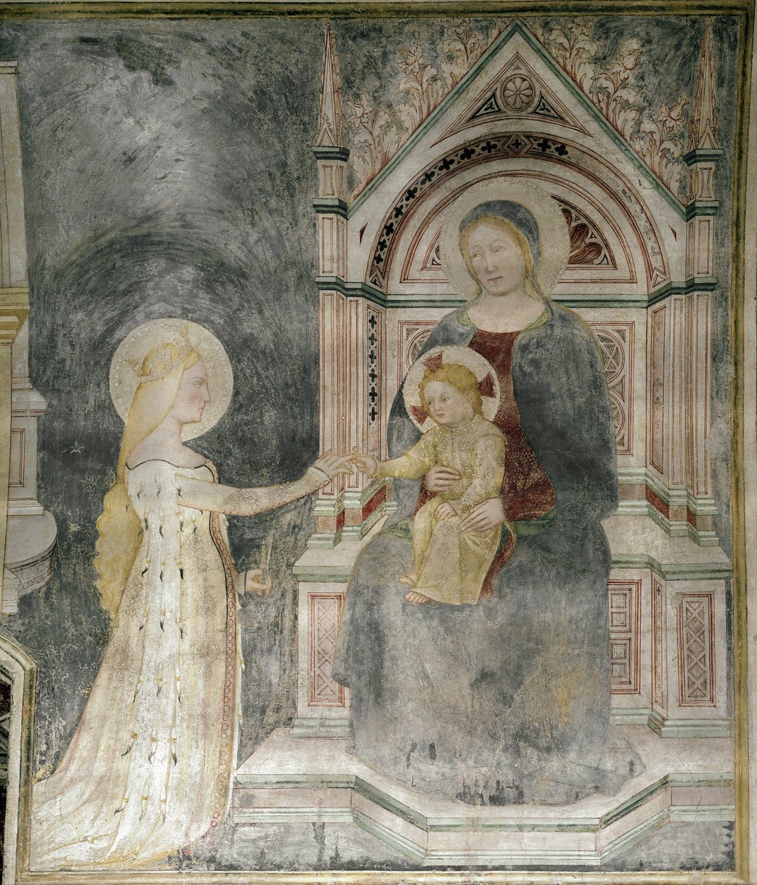 Åndelig ekteskap av Kristus med Saint Mary Magdalene, detalj. (cirka 1377, fresco plassert på lerret) av Master of Mocchirolo