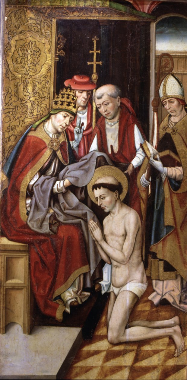 St. Francis investerte med sin vane av pave Innocent III (olje på panel) av Master of Portillo