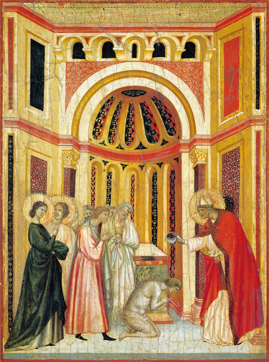Biskop Urban som døper Tiburcio, detalj fra altertavlen til Legend of St Cecilia, ca 1304, av Master of Saint Cecilia (aktiv tidlig på 1300-tallet), tempera på panel og bladgull stemplet, 85x181 cm av Master of Saint Cecilia