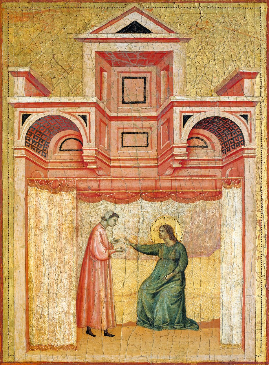 Cecilia overtaler ektemannen Valerian til dåp, detalj fra altertavle som viser legenden om helgen Cecilia, ca. 1304, av Mester av Saint Cecilia (aktiv tidlig på 1300-tallet), tempera på panel og bladgull stemplet, 85x181 cm av Master of Saint Cecilia