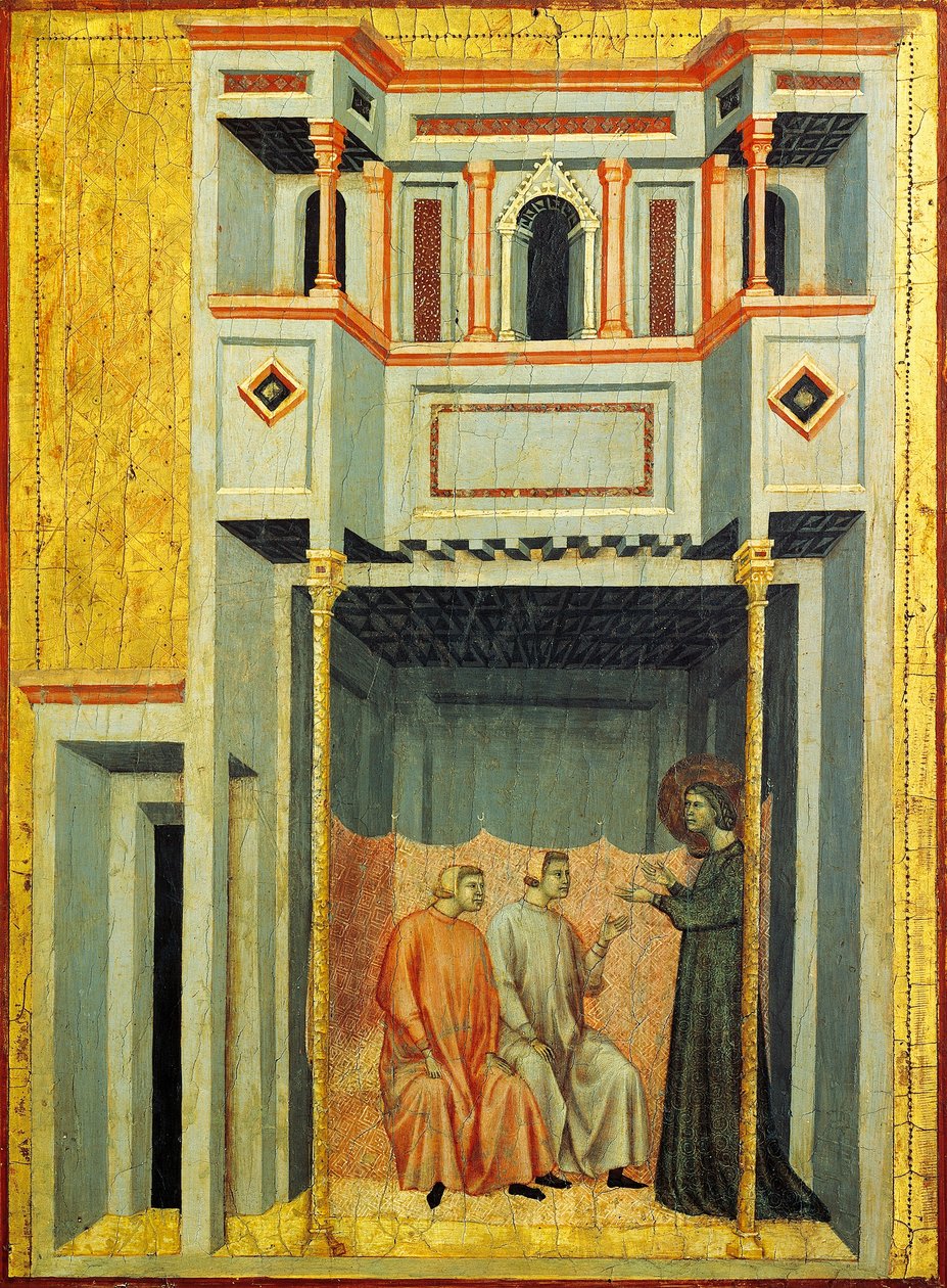 Saint Cecilia og Valerian konverterer Tiburcio, detalj fra altertavle som viser Legend of Saint Cecilia, cirka 1304, av Master of Saint Cecilia (aktiv tidlig på 1300-tallet), tempera på panel og bladgull stemplet, 85x181 cm av Master of Saint Cecilia
