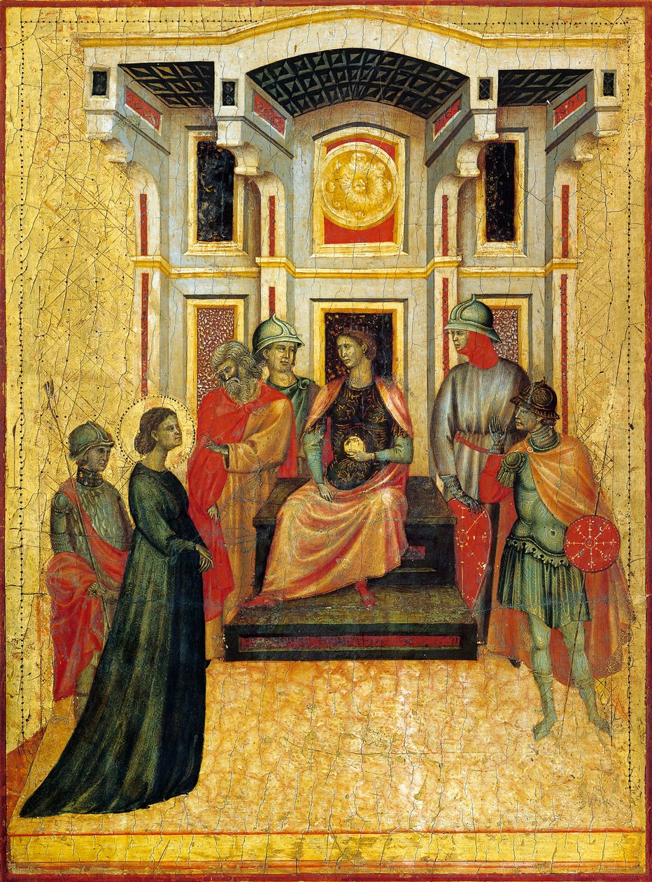 Saint Cecilia kontrasterer trossaker med prefekt, detalj fra altertavle som viser Legend of Saint Cecilia, ca. 1304, av Master of Saint Cecilia (aktiv tidlig på 1300-tallet), tempera på panel og bladgull stemplet, 85x181 cm av Master of Saint Cecilia