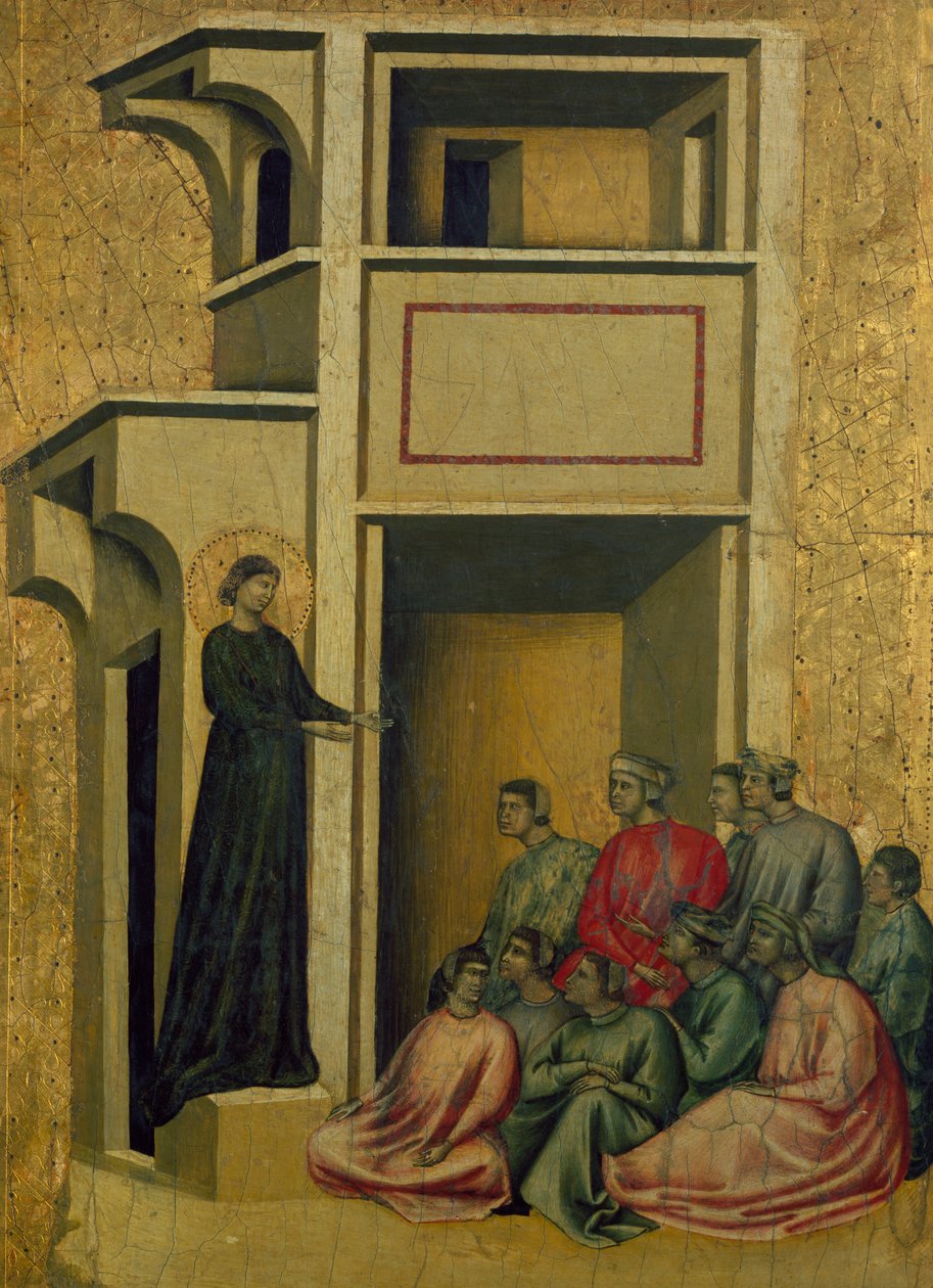 St. Cecilia snakker til en gruppe mennesker, scene fra Santa Cecilia og åtte episoder av livet hennes av Master of Saint Cecilia