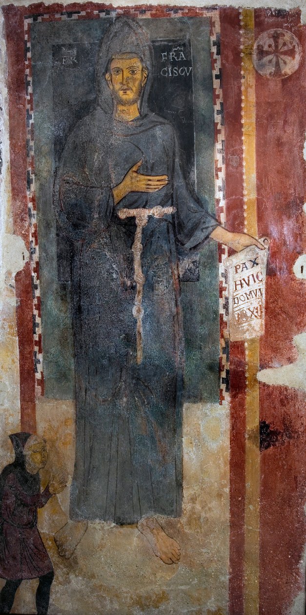 Representasjon av Saint Francois av Assisi (1181-1226) Dette er absolutt den første representasjonen av helgenen henrettet mens han levde, representert uten stigma og uten aureol. Han holder et papir eller er skrevet på latin "" Pax huic Domui&qu av Master of Saint Francis of Assisi