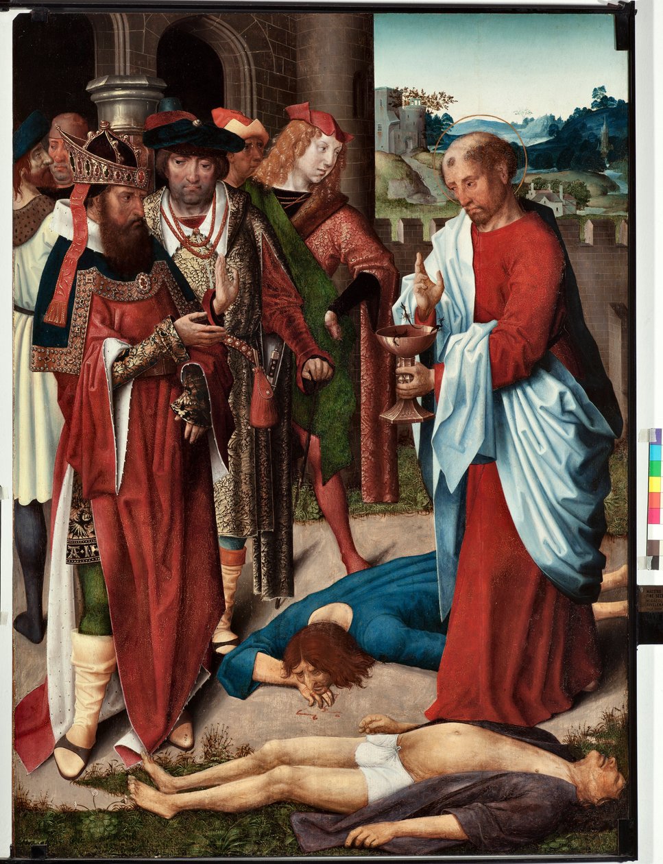 Episode av livet til den hellige Johannes evangelist: "The miracle of the cup of poison" (Life of St John evangelist, St John drinks a cup of poison) Maleri av mesteren til San Giovanni evangelista (Saint John Evangelist) (slutten av 15. århundre) Dim 120x av Master of Saint John Evangelist