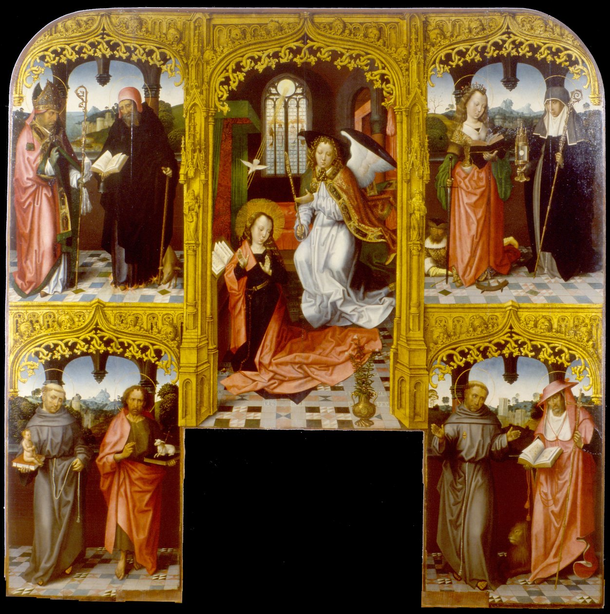 Bebudelsen med Saint Lazarus og Antony Abbot, Catherine of Alexandria og Chiara, Anthony of Padua og John The Baptist, Francis og Jerome av Master of Saint John the Evanglist