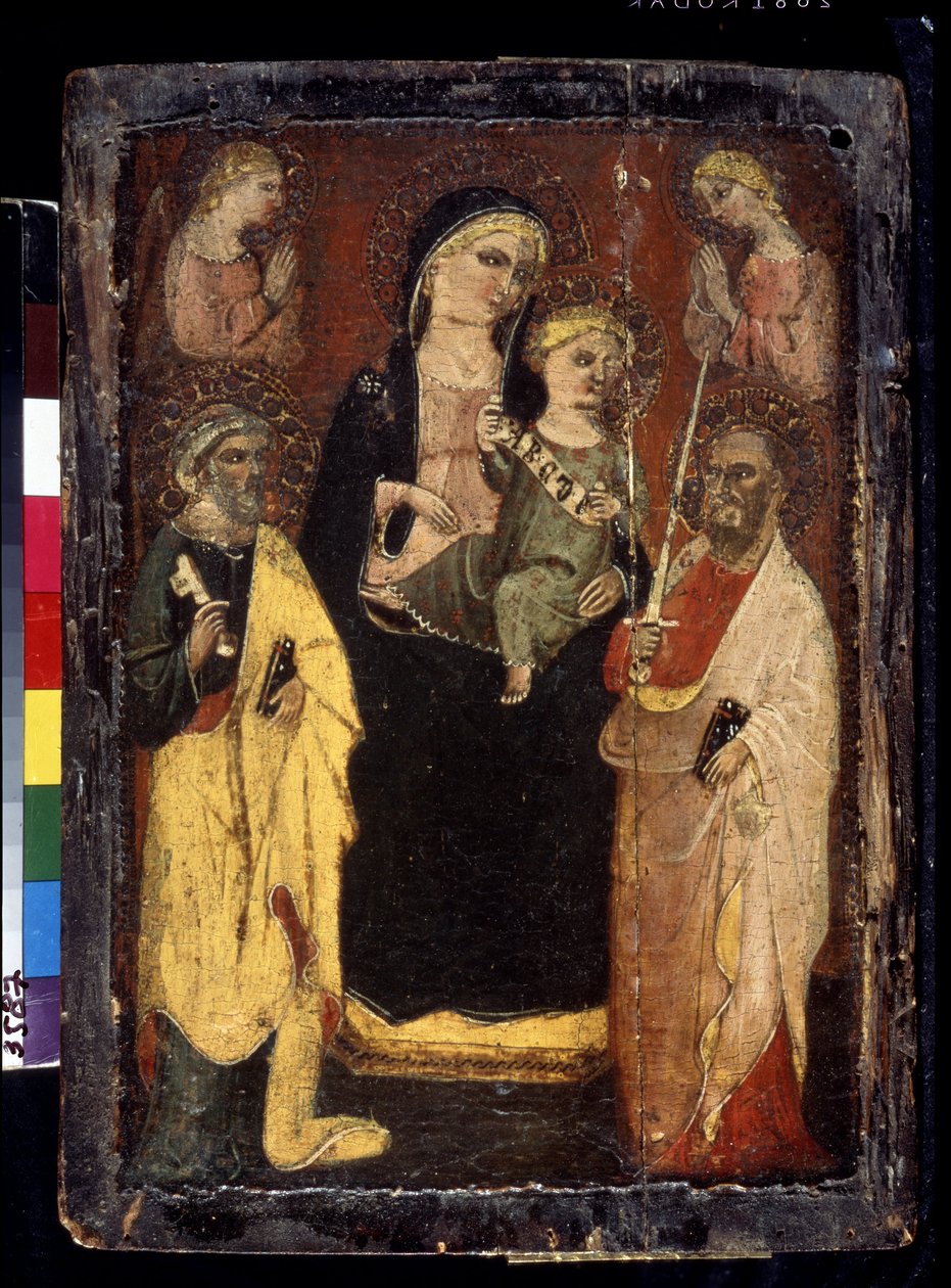 "Madonna and Child Enthroned with Saints Peter and Paul" (Madonna and Child Enthroned with Saints Peter and Paul) Maleri på tre av mesteren av San Jacopo i Muciano (1400-tallet) Pushkin Museum, Moskva av Master of San Jacopo a Mucciana