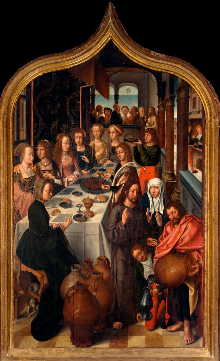 Tryptic: "The wedding of Cana"" Maleri av mesteren i San Lorenzo. Sogn i San Lorenzo della Costa, Santa Margherita Ligure (Genova) av Master of San Lorenzo