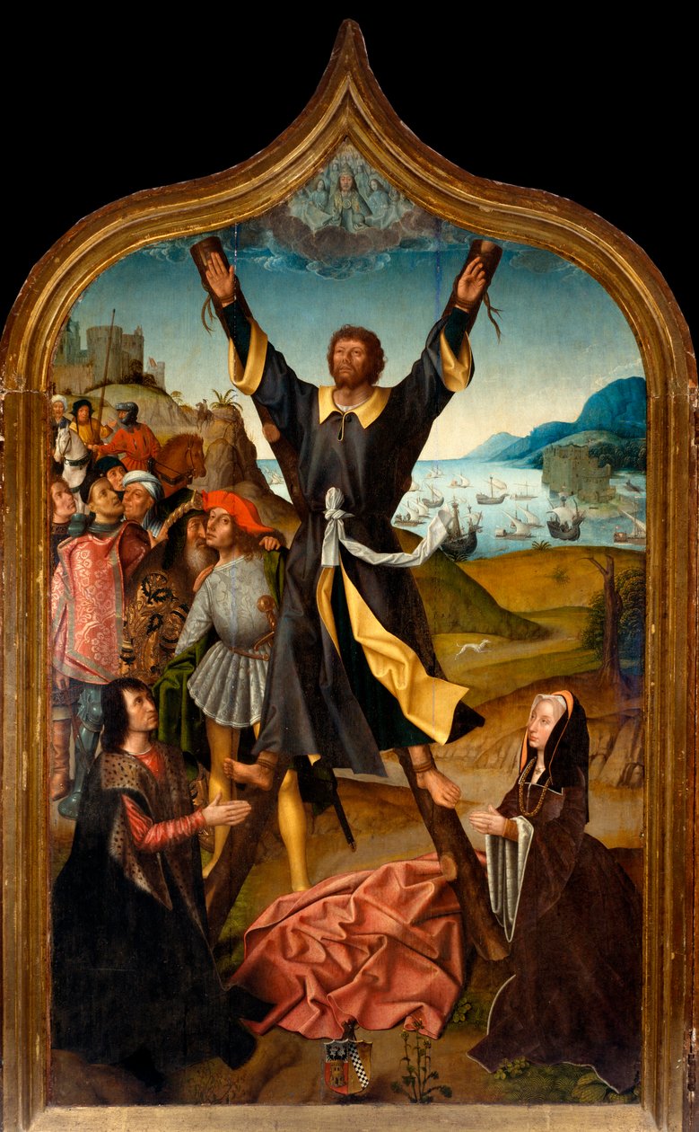 Tryptisk: "" martyrdøden til Saint Andre"" Maleri av mesteren av San Lorenzo. Sogn i San Lorenzo della Costa, Santa Margherita Ligure (Genova) av Master of San Lorenzo