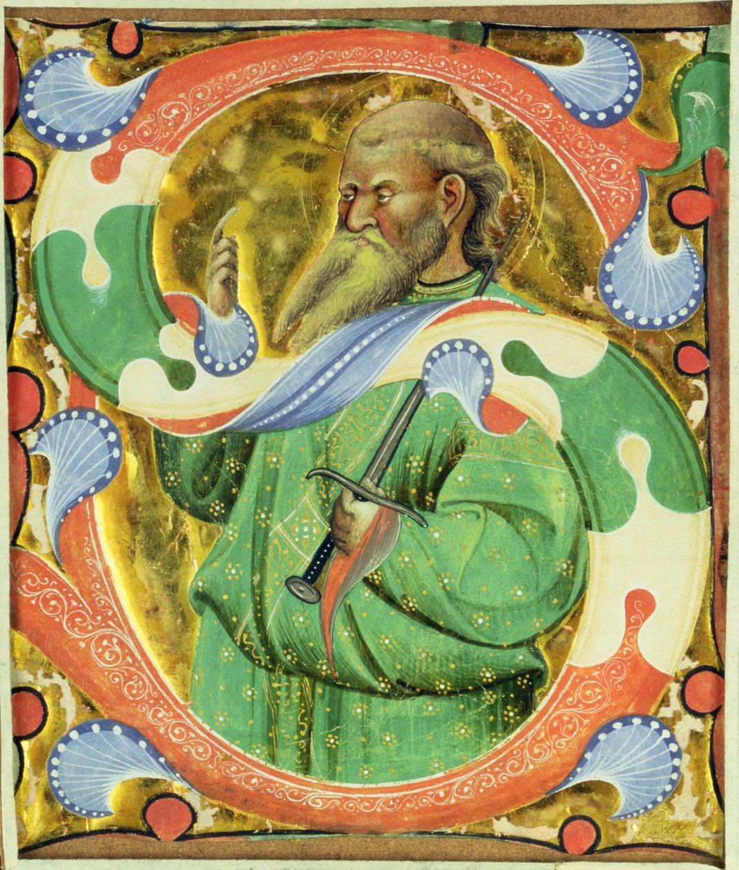 Historikert initial 'S' som viser St. Paul av Master of San Michele of Murano